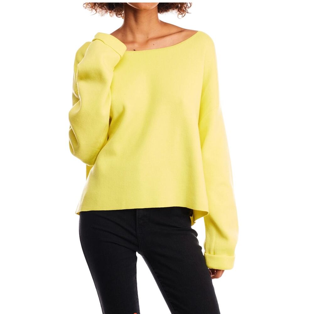ZARA Boat Neck Cuff Sleeve Tie Back Sweater in Neon Yellow Size L